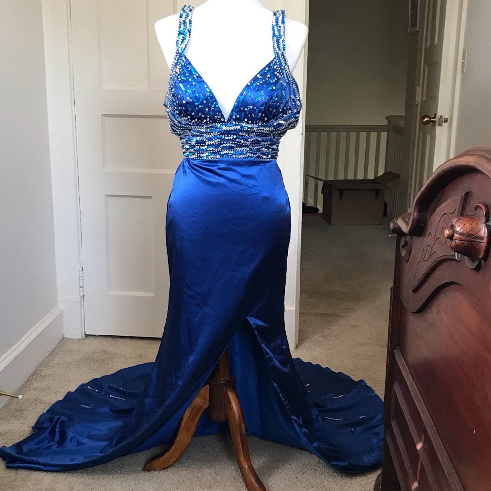 Mori Lee Beaded Formal Dress Royal Blue Size 3/4